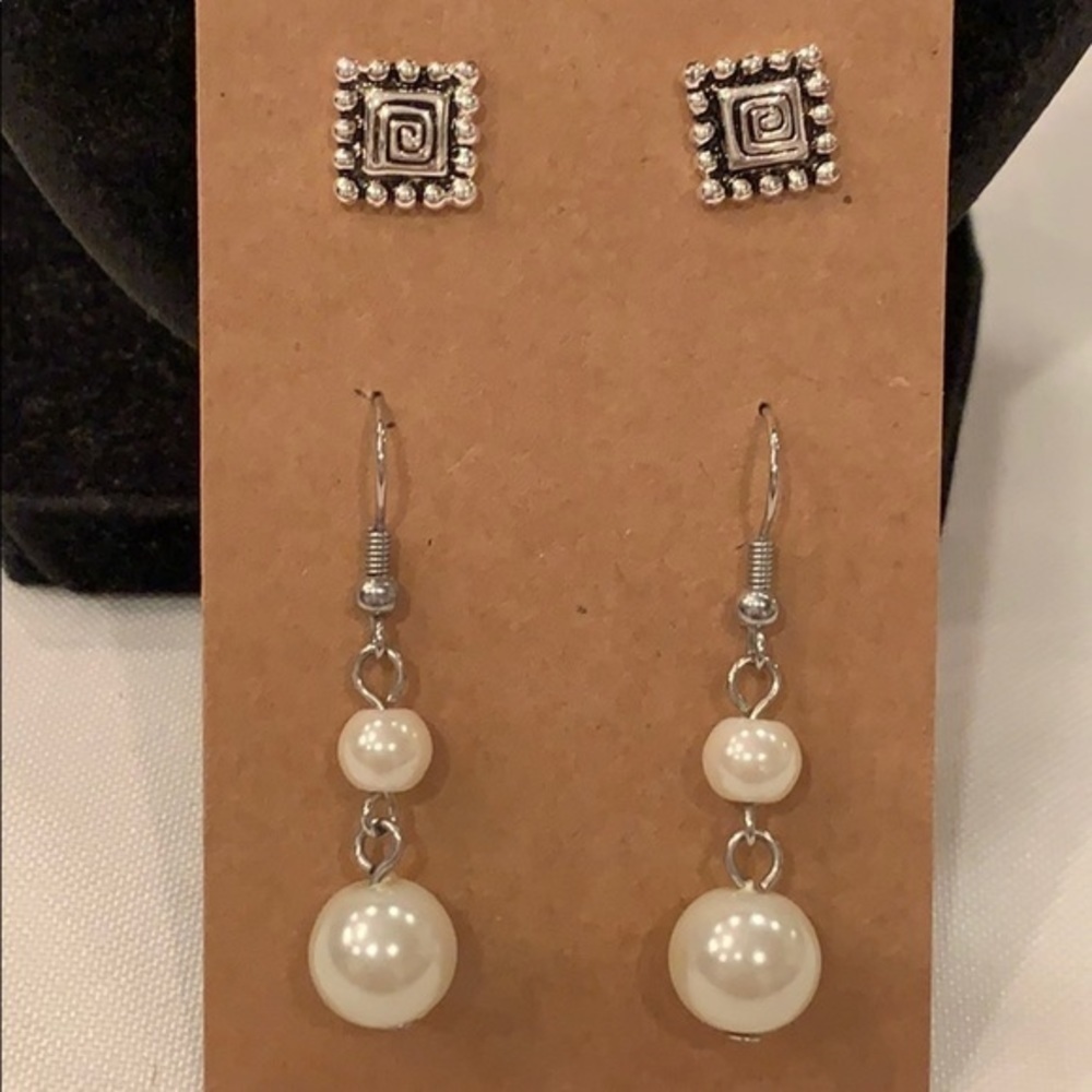 ๐5/25 silver square stud faux pearl drop dangle